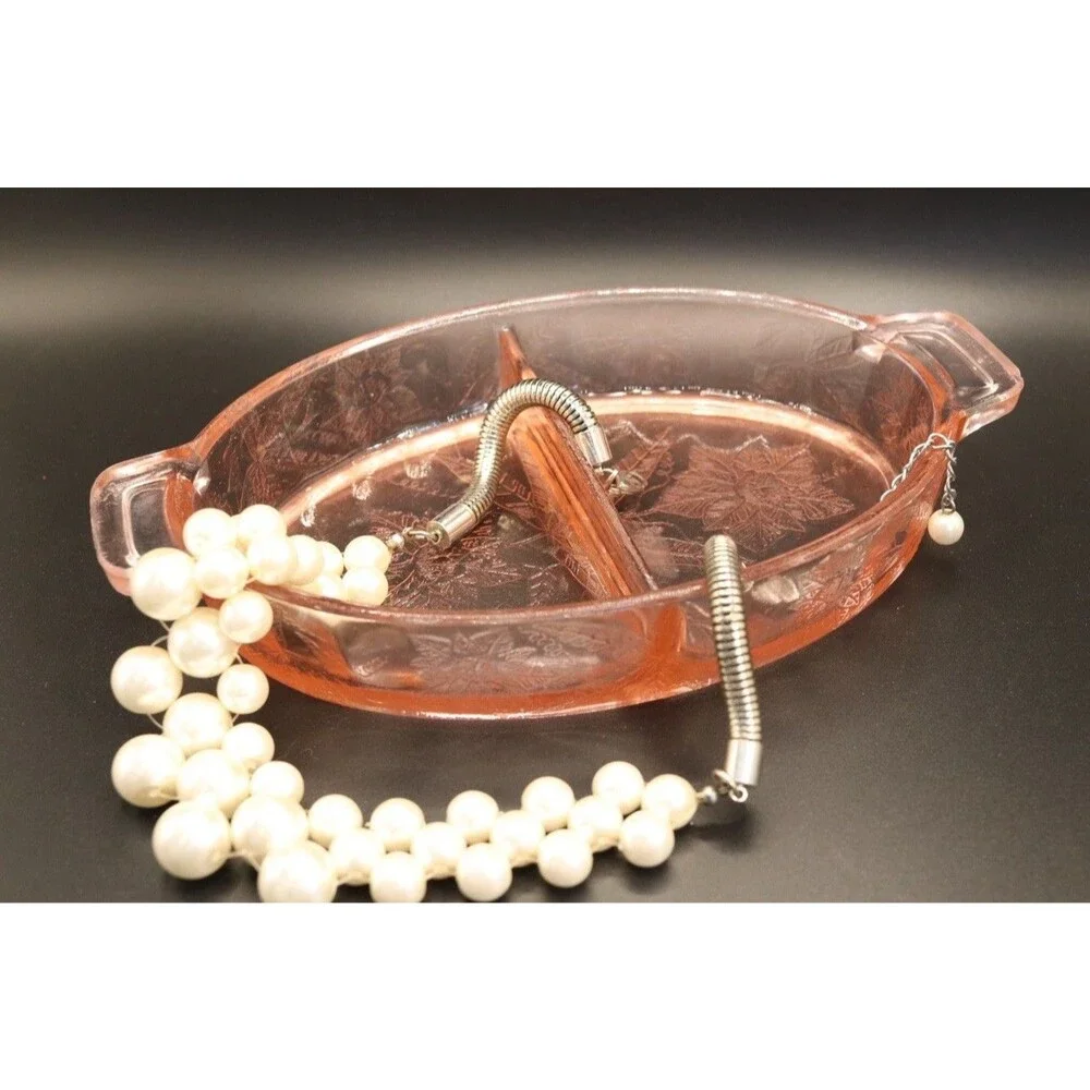 Pink Depression Glass Floral Poinsettia Two-Part Relish Dish Bowl Handles 8”
